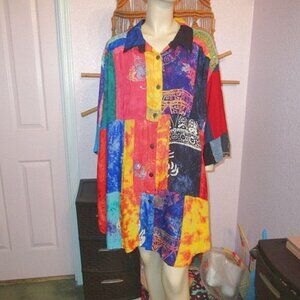 We Be Bop Patchwork Top Size 3X Tunic Dress Button Up Batik Artsy Lagenlook NWT